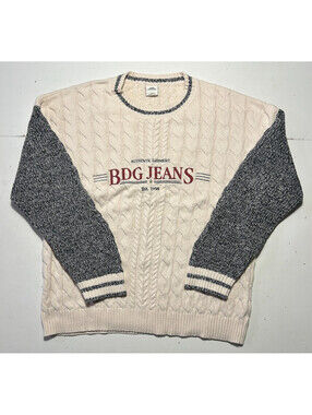 BDG Urban Outfitters Mens L Cable Knit Sweater Cream Wool Blend Fisherman Style